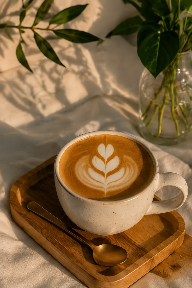 Latte with leaf art in a ceramic cup on a wooden tray