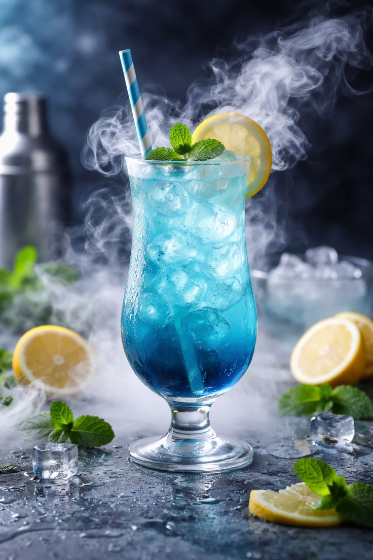 Blue iced cocktail in a tall glass with lemon and mint